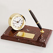 ROUND BRASS DESK CLOCK WINE MARBLE BASE W/BLK PEN