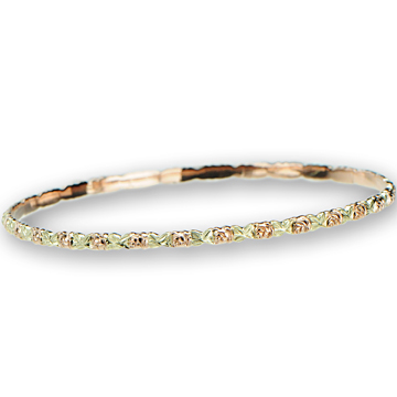 14K ROSE FLOWER & GREEN GOLD LEAF ENGRAVED BANGLE